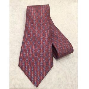 Hermes Red Blue Silk Buckle Equestrian Print Tie